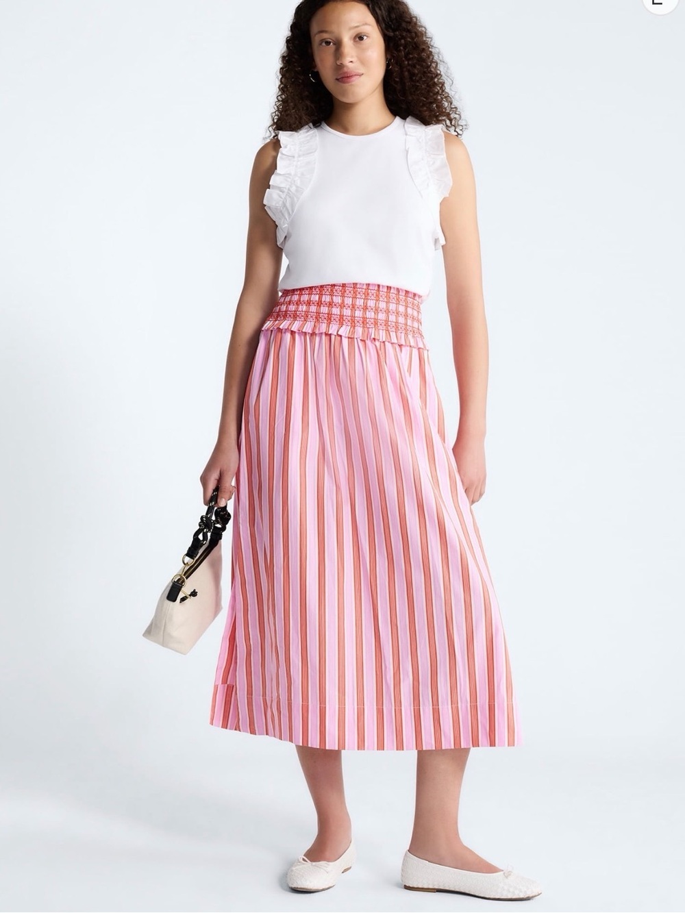 Free assembly, striped cotton, midi skirt with smocked waist
